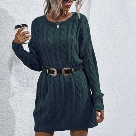 teal oversized chunky knit cable sweater dress - Picture 6 of 6